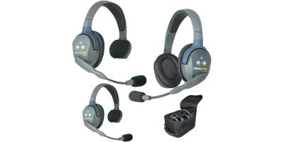 UltraLITE 3 person system w/ 3 Single Headsets, batt., chargeur